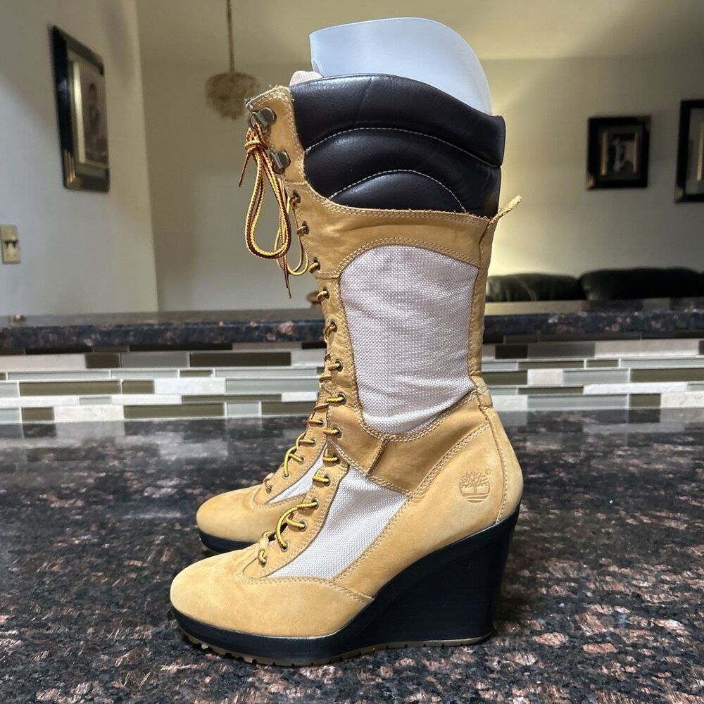 Timberland Womens Size 8 Wheat Tan Leather Lace Up Wedge Boots Tall 14.5” 23617M